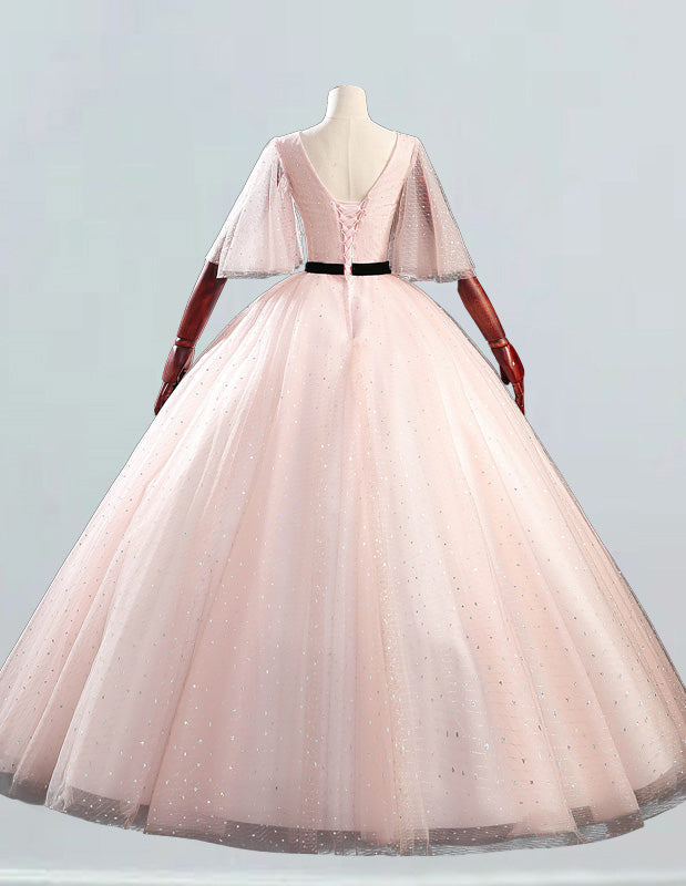 Soft pink prom dress ball gown,A line tulle wedding dress gown,Short sleeve lace formal dress,Sparkle tulle pageant dress