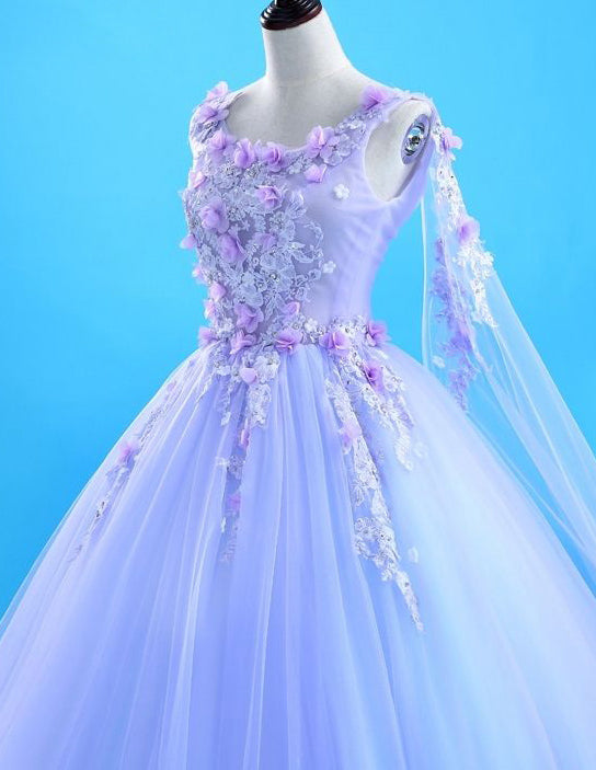 Lavender lace applique long tulle ball gown
