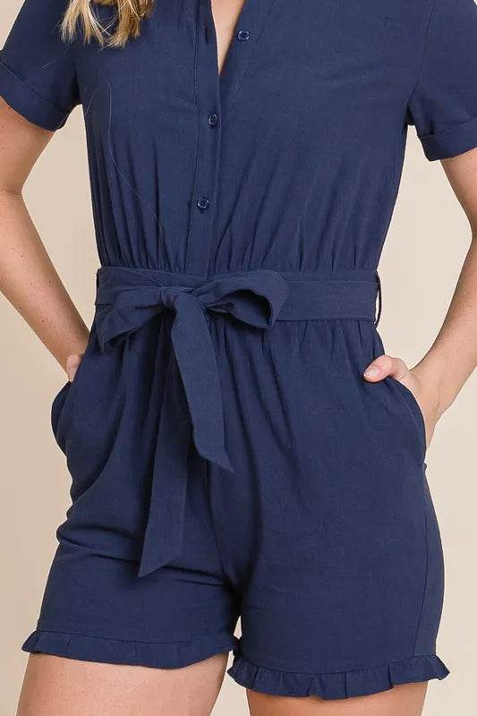Lime 'N' Chili Collared Button Down Romper with Tie Belt