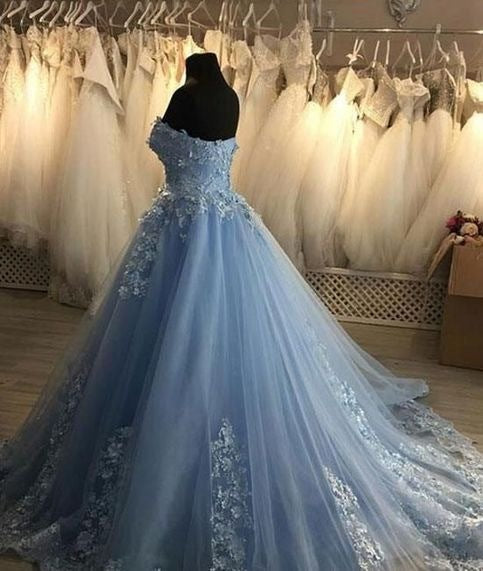 Sweetheart blue long tulle ball gown 3d flowers lace applique wedding bridal gown