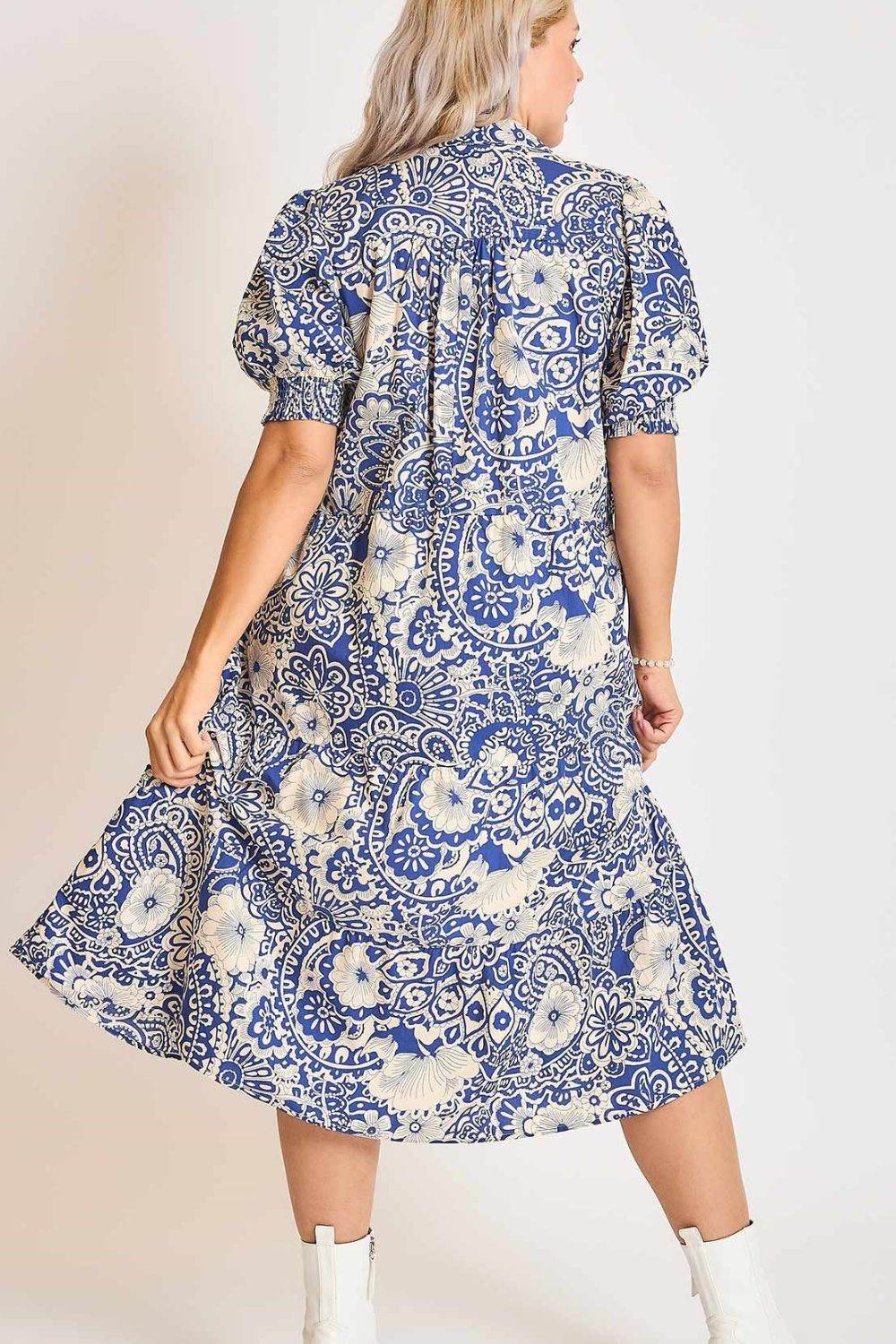 Umgee Full Size Printed Smocked Cuff Puff Sleeve Midi Dress Plus Size