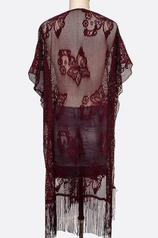 Open Knit Fringe Lace Kimono Cardigan