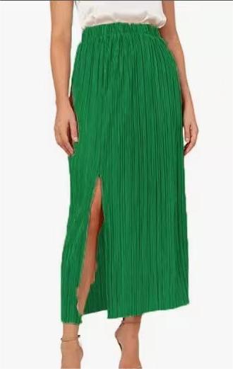 Spring Summer Elastic Waist Box Pleat Split Sexy Tight Casual Mid Waist Classic Mid Length Skirt