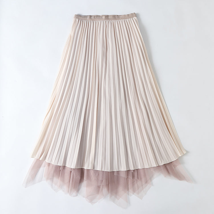 Spring Elegant High Waist Pleated Bubble Skirt Fairy Mesh Midi Dress for Women