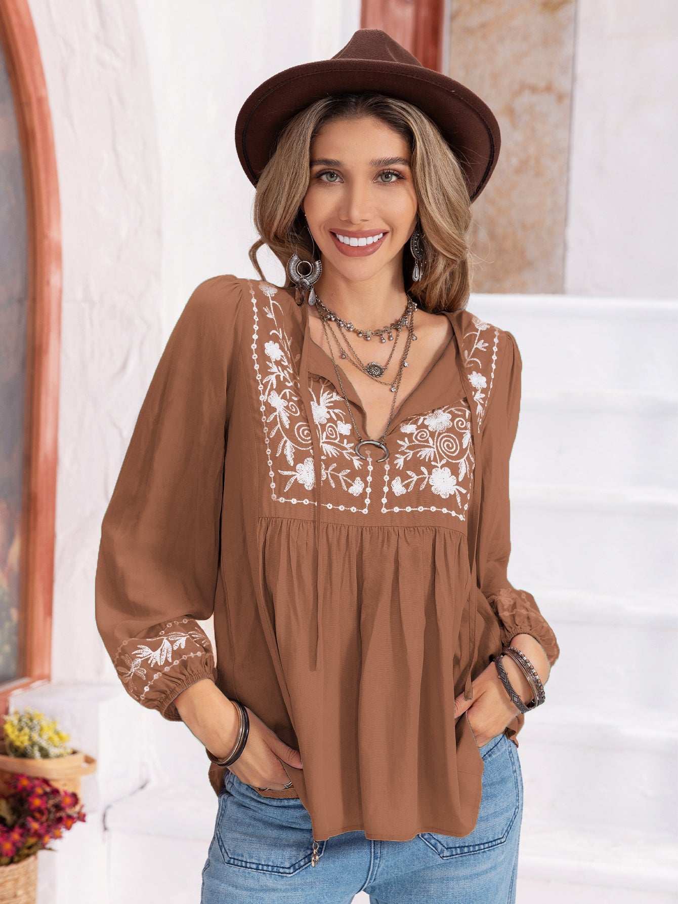 Sweet Embroidered Lantern Nine Quarter Sleeve Women Top