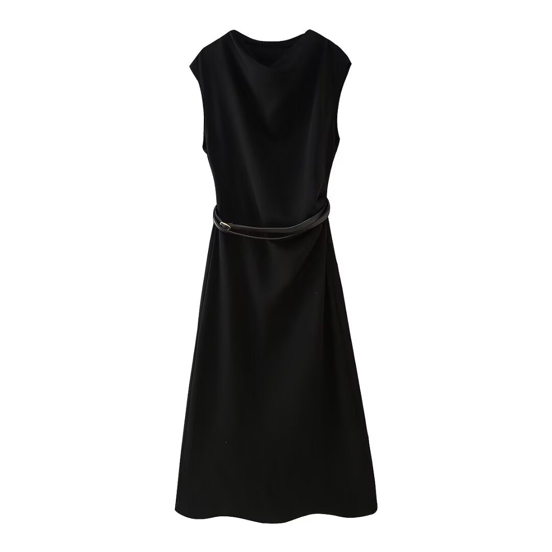 Fall Women Clothing Simple Thin with Belt Midi Dress