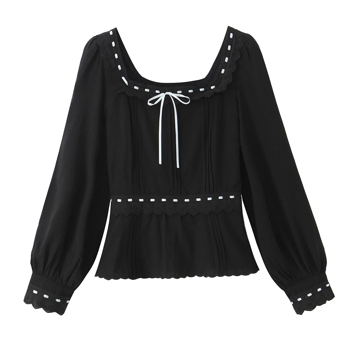 Women Clothing French Lace Hem Embroidery Tie Neck Bubble Long Sleeve Top