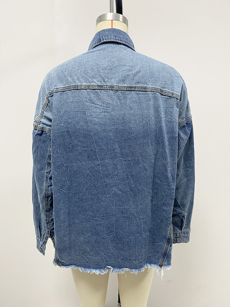 Women Clothing Spring Retro Loose Denim Shirt Drop Shoulder Blue Large Pocket Shirt