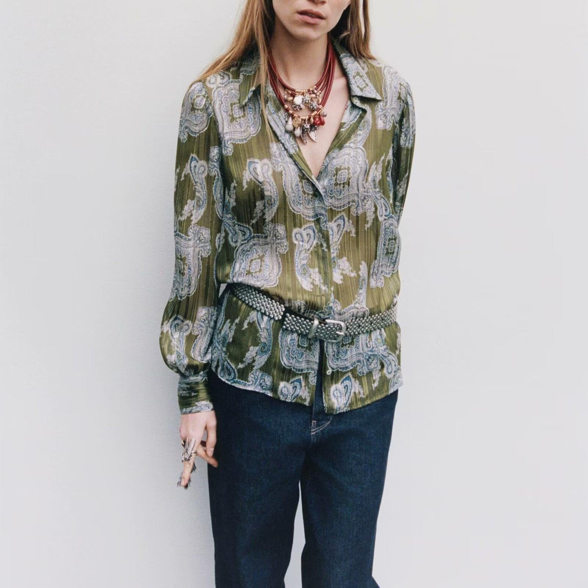 Spring Women Long Sleeved Metal Color Line Printed Shirt