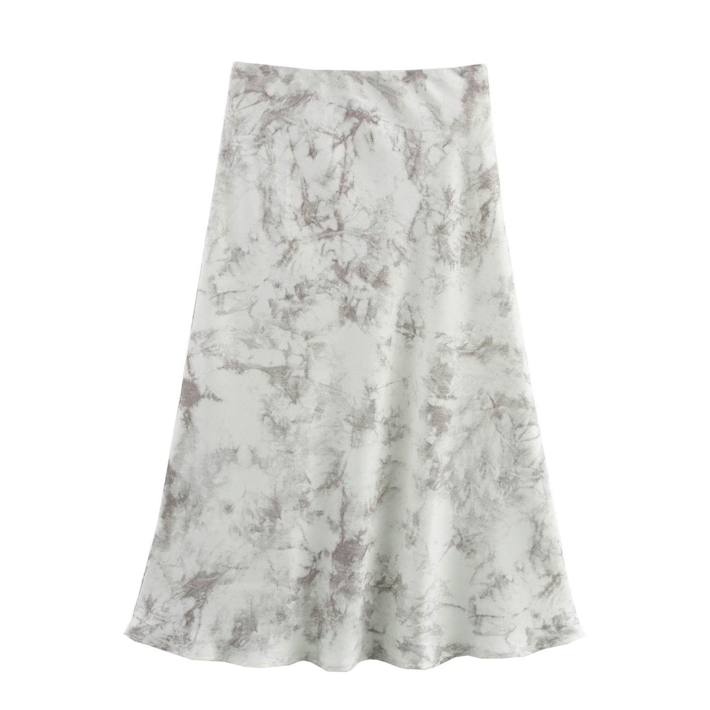 Spring Women Clothing Ink Fried Satin Diagonal Cut Skirt Midi Skirt