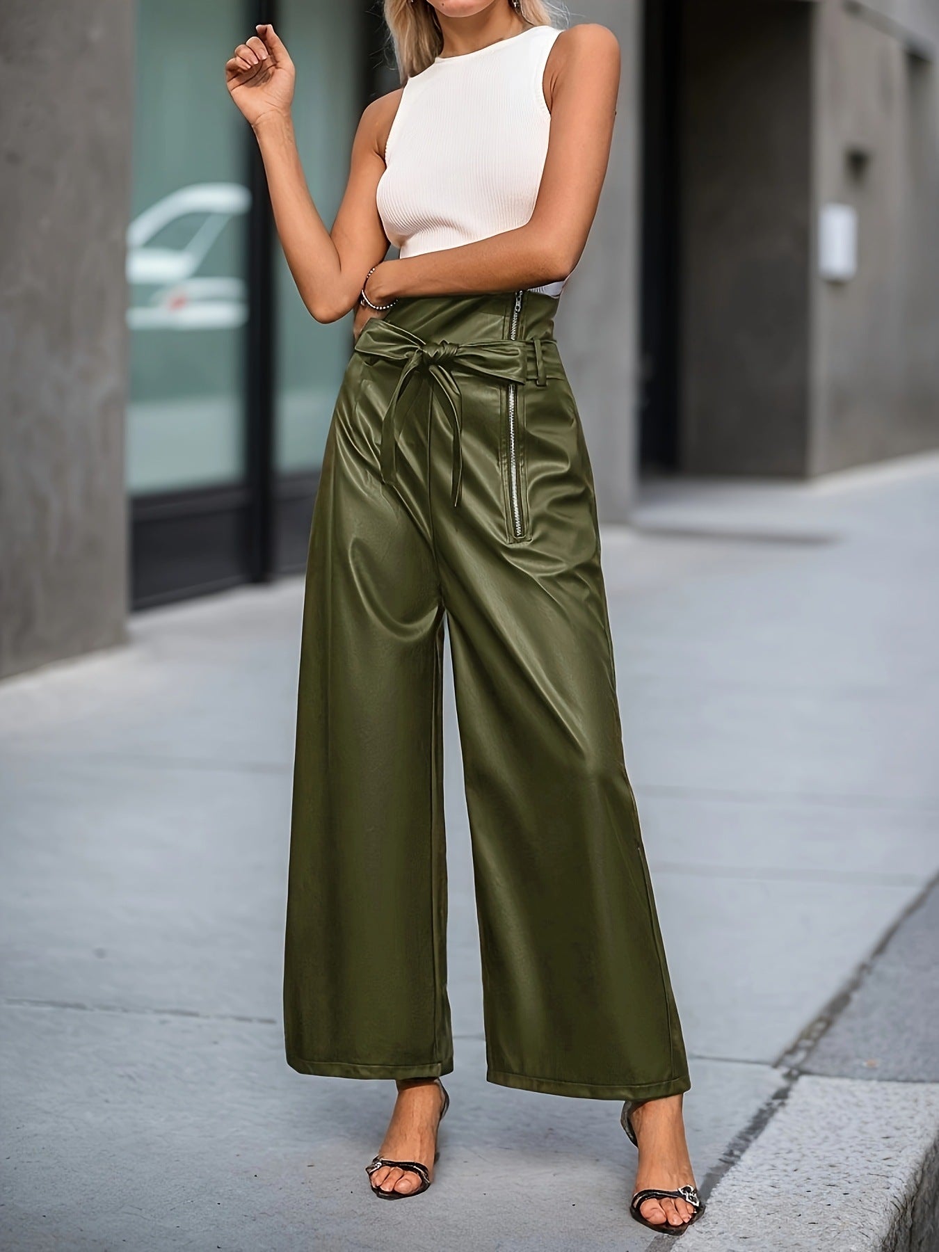Women Clothing Wide Leg Women Trousers Belt Simple Zipper Loose Casual High Waist Faux Leather Pants