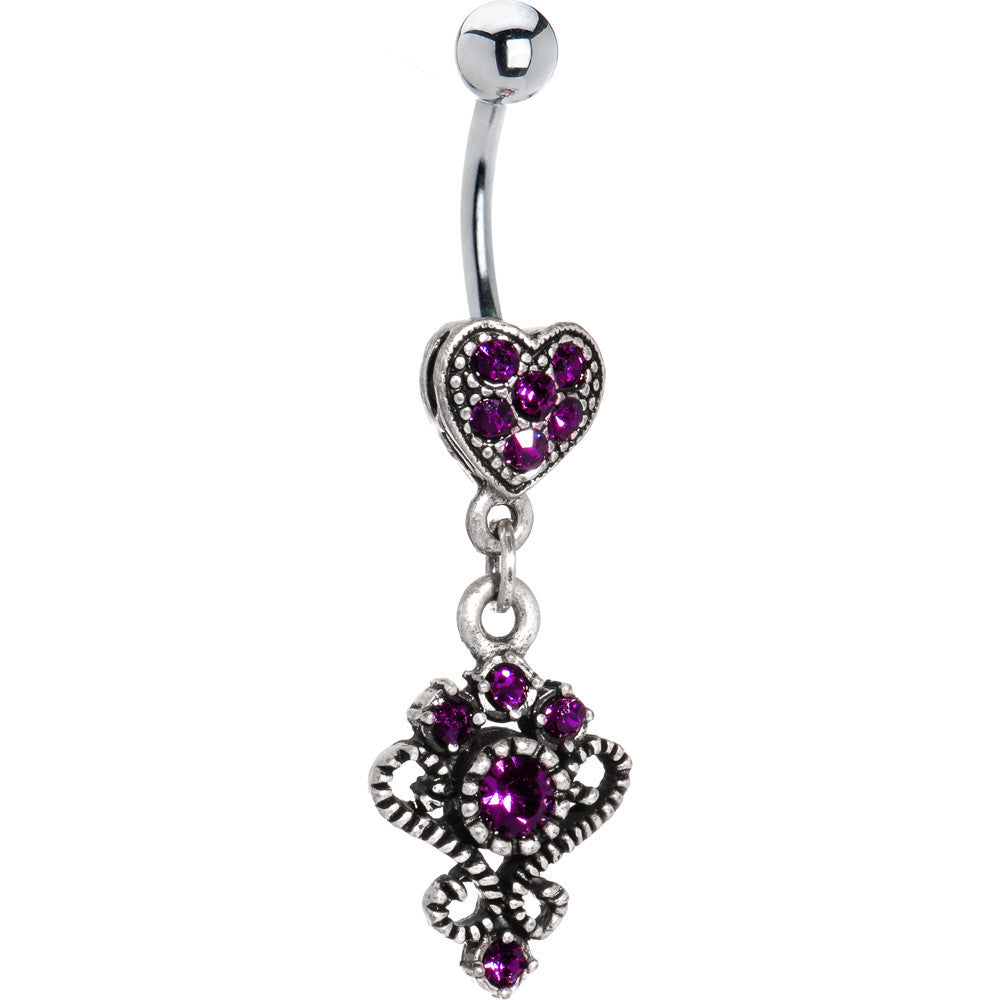 Antique Silver Victorian Heart Violet Gem Dangle Belly Ring