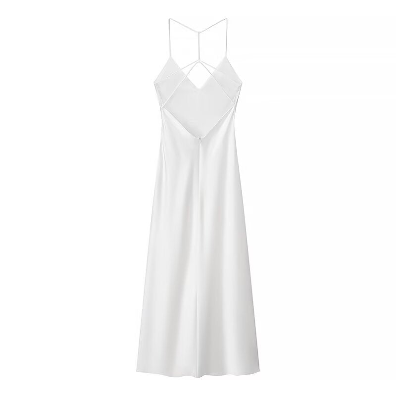 Summer Women Elegant Back Sling Silk Satin Midi Suspender Dresses