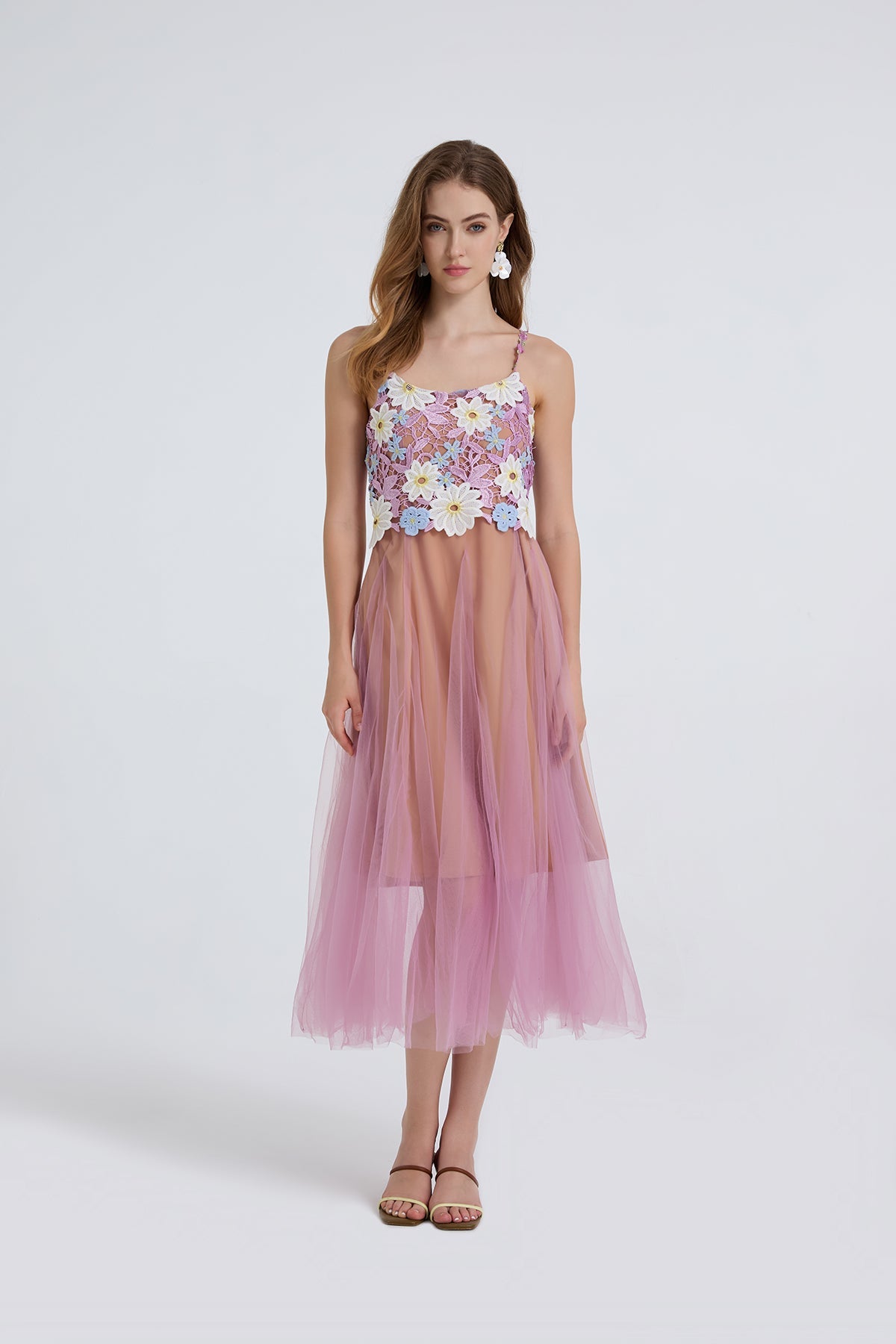 Women Summer Lace Embroidered Spaghetti Strap Patchwork Chiffon Maxi Dress