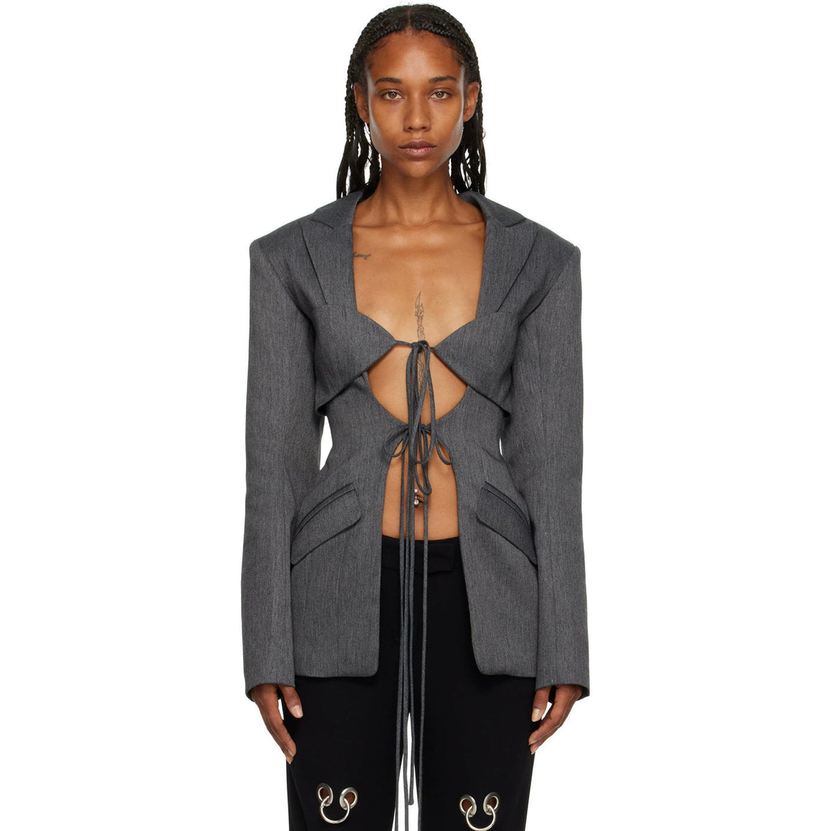 Spring Sexy V Neck Lace-up Hollow Out Cutout Waist Irregular Asymmetric Stitching Design Blazer for Women