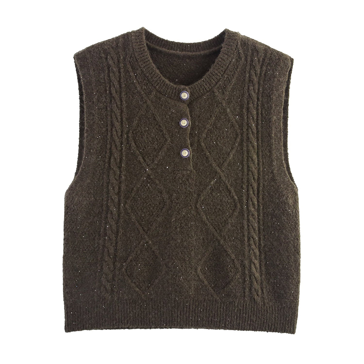 Women Clothing Autumn Sequined Diamond round Neck Half Cardigan Knitted Vest