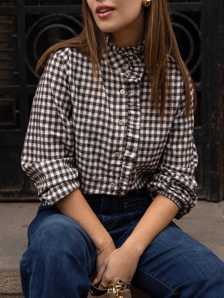 Ladies Spring Summer Elegant French Ruffled Cotton Plaid Buckle All Matching Shirt