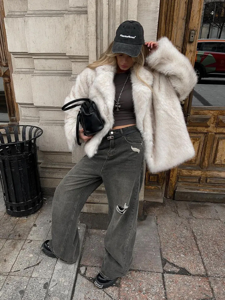 Faux Fur Coat Collared Fashionable Warm Women Clothing Autumn Winter Faux Fur Coat