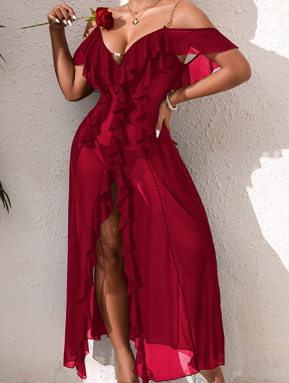 Sexy off the Shoulder Ruffled High Slit Maxi Dress Multi Color Sheer Mesh Women Sleeping Dress
