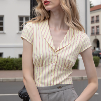 Casual Pleated Tops French Women Striped Button Small Short Sleeve Shirt