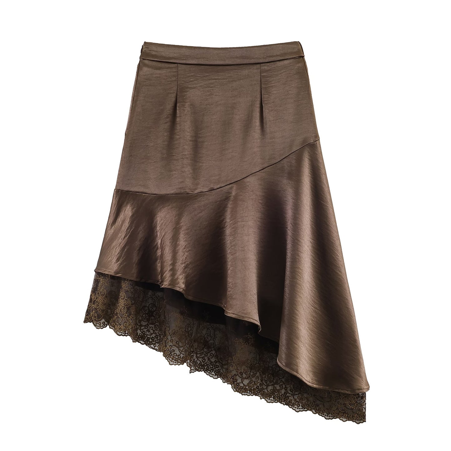 Fashionable Satin Lace Irregular Asymmetric Elegant Stitching Hem Skirt