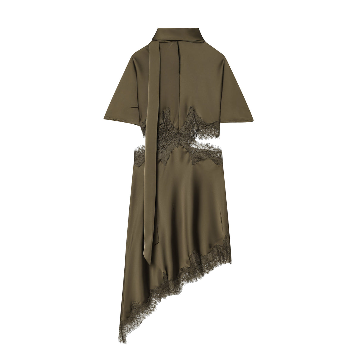 Sexy Lace Stitching Silk Satin Texture Waist Hollow Out Cutout Scarf Decoration Irregular Asymmetric Slim Fit Dress