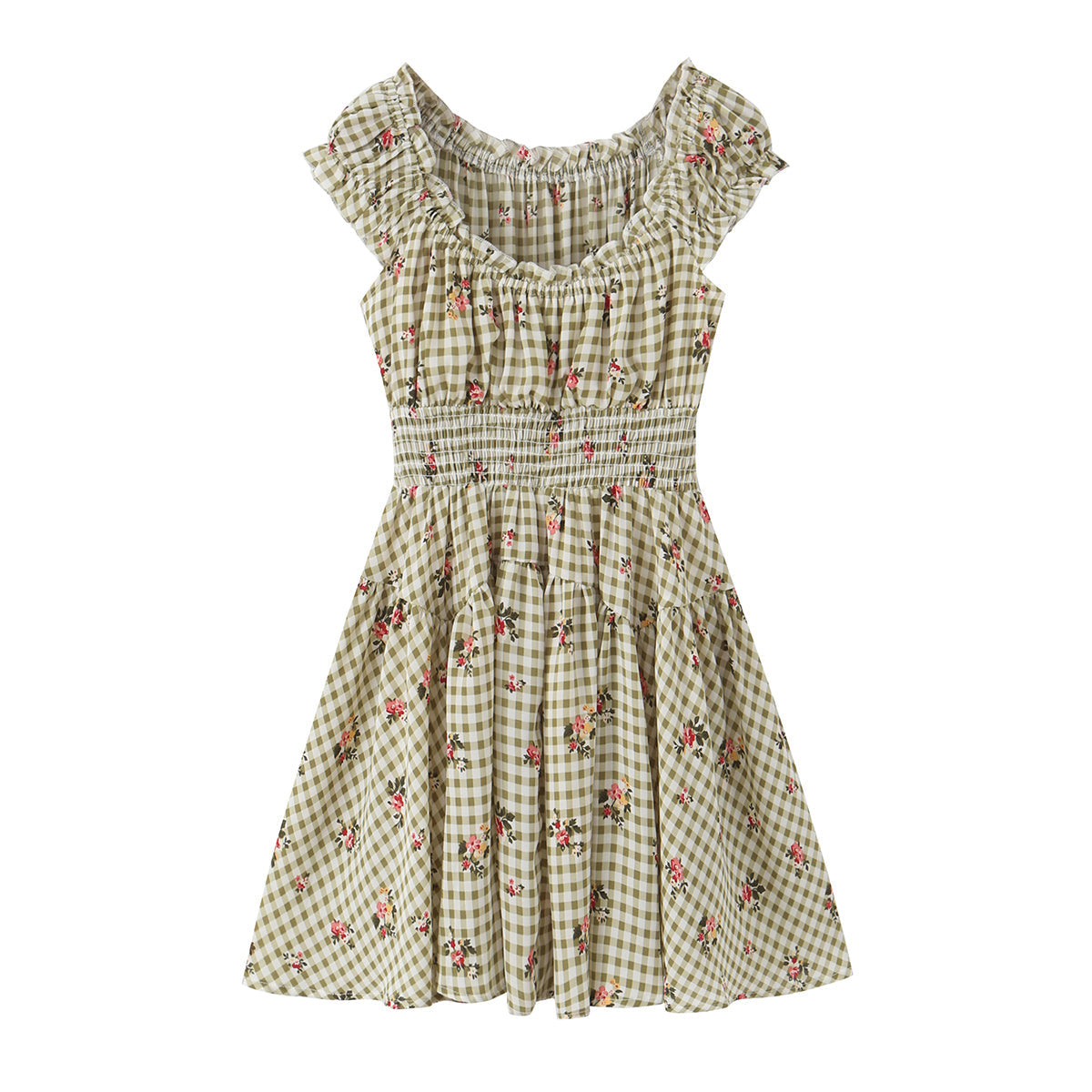 Square Collar Lace up Waist Controlled Printed Pleating Sexy Short Sleeve Women ummer A line Dress