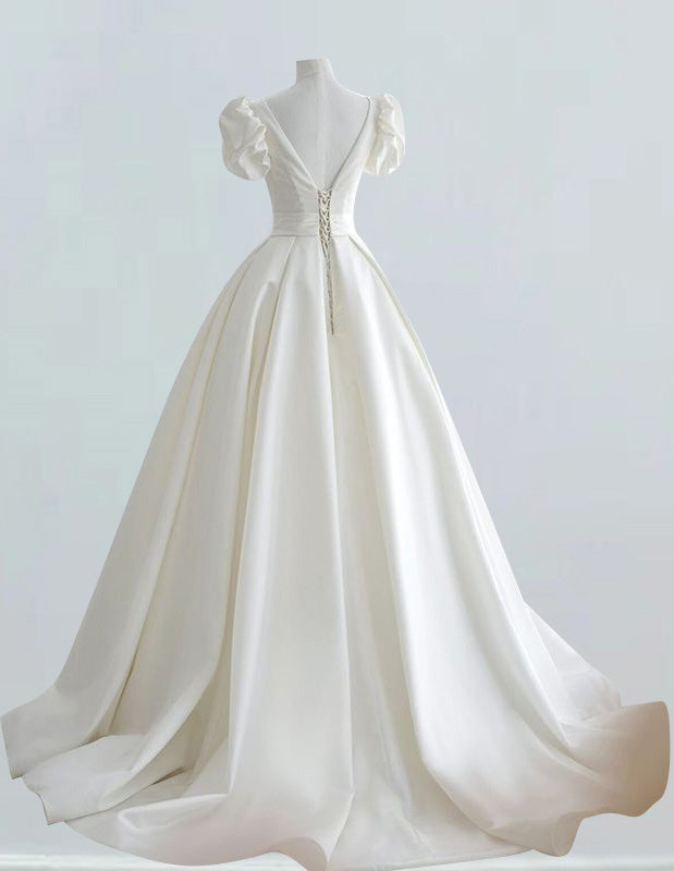 Ivory Satin V-Neck Evening Gown | Women's Prom & Bridesmaid Dress