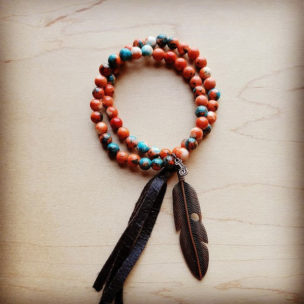 xxMulti Double Jade Bracelet w/ Feather and Tassel