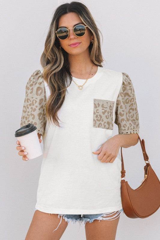 Leona Leopard Lace Trim Puff Sleeve Top