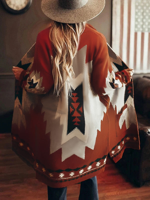 Spring Summer Women Clothing Long-Sleeved Printed Cardigan Coat Woolen Coat