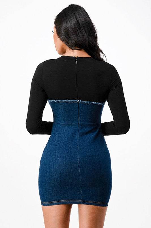 Long sleeve Denim dress with rib fabric 25987