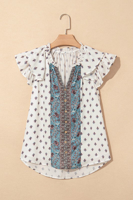Aria Boho Pattern Ruffled Sleeve V Neck Buttoned B