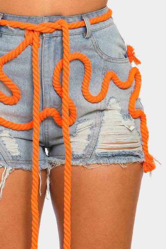 Playful Denim Shorts With Orange Drawstring