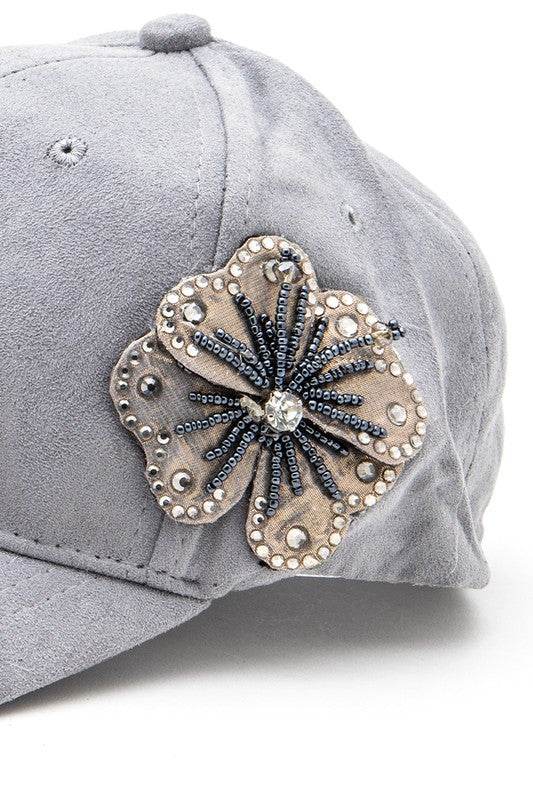 Beaded Flower Suede Fashion Cap
