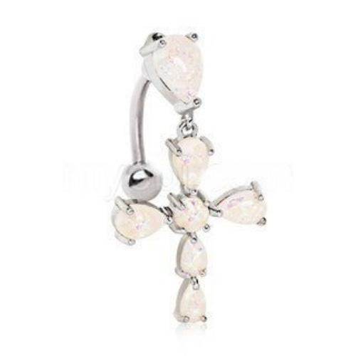 316L Stainless Steel White Synthetic Opal Cross