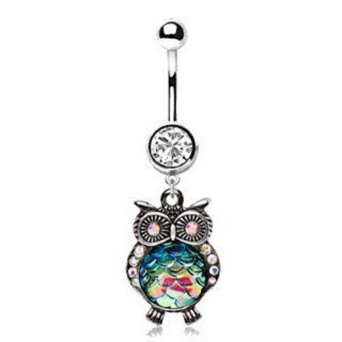 316L Stainless Steel Jeweled Rainbow Owl Dangle