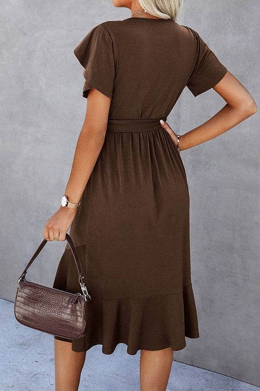 Petal Sleeve Ruffle Trim Wrap Belted Midi Dress