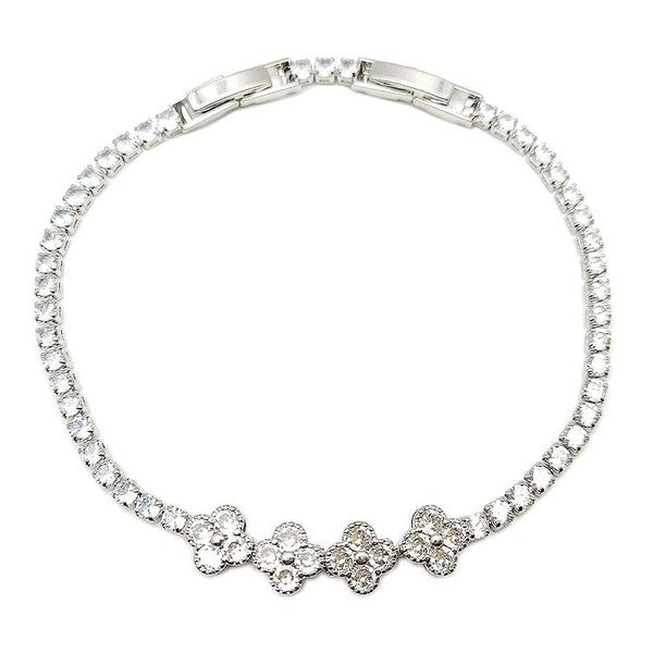 Rhinestone Four Clover Foldover Bracelet Silver