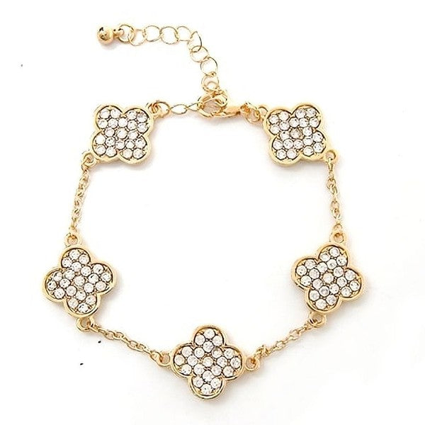 Rhinestone Faux Perals Clover Chain Bracelet