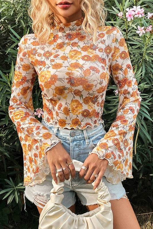Floral Bell Sleeve Mock Neck Scallop Trim Blouse