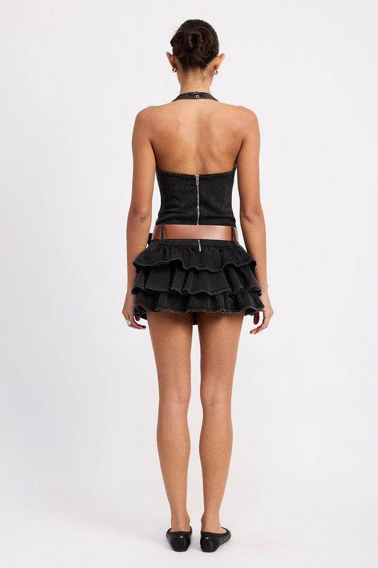 MINI BELTED RUFFLED DENIM DRESS WITH HALTER NECK