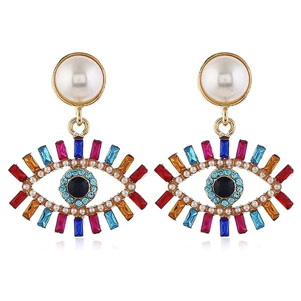 Evil Eye Pear Dangle Rhinestone Earrings