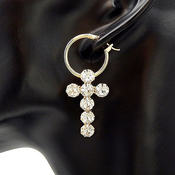 6mm Bold Rhinestone Huggie Hoop Cross Earrings