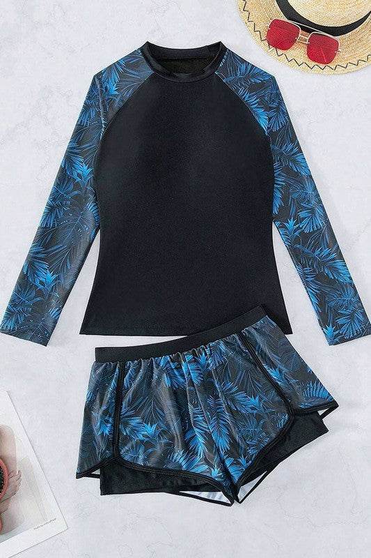 Tropical High Neck Shorts Long Sleeve Swimsuit
