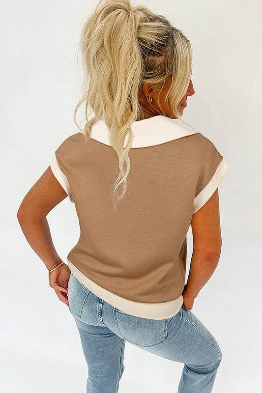 Half Zipper Collared Colorblock Short Sleeve Top