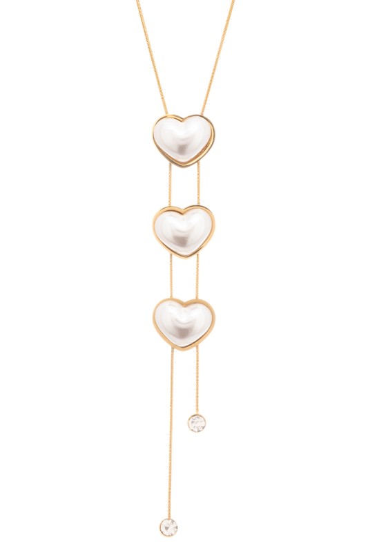 Faux Pearl Triple Heart Drop Pendant Necklace