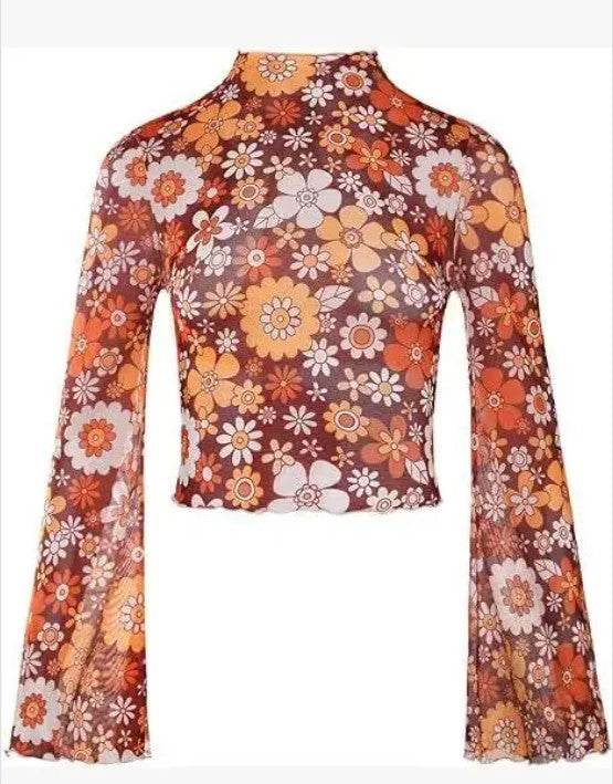 Mesh cropped printed top