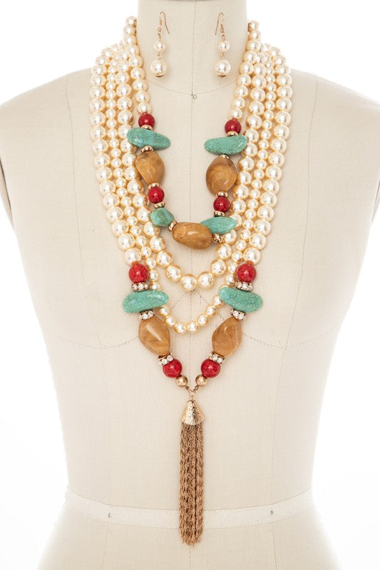 Stone & Chain Tassel Layer Pearl Necklace Set