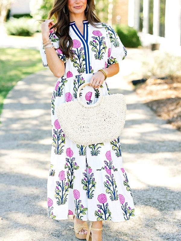 Blue Floral Ruffle Hem Pop of Color Neckline Dress